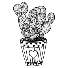 Vector image of a potted houseplant with decor with hearts in black