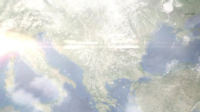 Earth zoom in from outer space to city. Zooming on Nis, Serbia. The animation continues by zoom out through clouds and atmosphere into space. Images from NASA