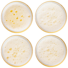 beer bubbles in Glass of light beer top view collection isolated on white, macro