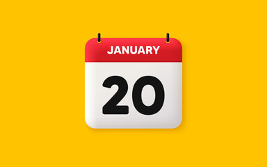 Calendar date 3d icon. 20th day of the month icon. Event schedule date. Meeting appointment time. Agenda plan, January month schedule 3d calendar and Time planner. 20th day day reminder. Vector