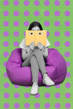 Vertical composite collage picture of sitting girl black white colors hands hold book painted eyes watch isolated on dotted background