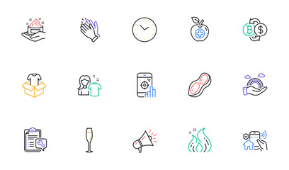 Clean shirt, Megaphone and Clapping hands line icons for website, printing. Collection of Peanut, Skin care, Spanner icons. Fire energy, Clothing, House security web elements. Lgbt, Time. Vector