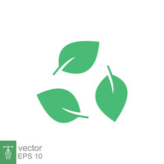 Biodegradable recyclable plastic free package icon. Vector bio recyclable degradable label logo template. Three green leafs isolated on white background. EPS 10.