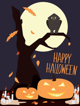 Halloween card with pumpkins and an owl and an old tree on the background of the moon.