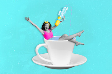 Composite collage illustration of excited carefree small girl black white effect sit coffee cup hold water gun