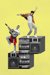 Vertical collage illustration of two excited overjoyed small guys black white colors dance huge...