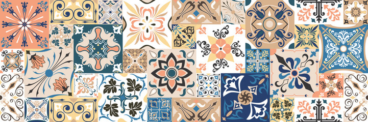 Talavera pattern. Indian patchwork. Azulejos portugal. Turkish ornament. Moroccan tile mosaic. Ceramic tableware, folk print. Spanish pottery. Ethnic background. Mediterranean seamless wallpaper.