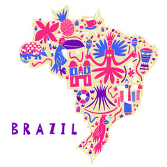 Vector hand drawn stylized map of Brazil Landmarks. South America map element. Federative Republic of Brazil Travel illustration