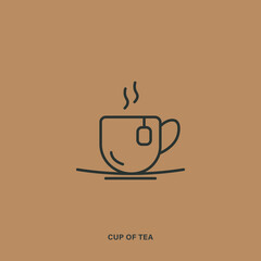 Cup of tea linear icon on brown background. Hot beverage pictogram