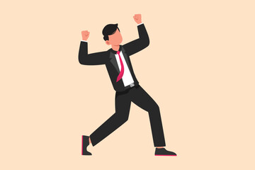 Fototapeta na wymiar Business design drawing happy businessman standing with raised his clenched fist hands. Male manager celebrating success of increasing company's product sales. Flat cartoon style vector illustration