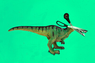 Collage illustration of dinosaur big scissors instead head isolated on creative drawing green...