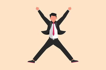 Business flat drawing happy businessman jumping with spread his arms and legs. Office worker celebrate success company project. Joyful manager achieve goal target. Cartoon design vector illustration