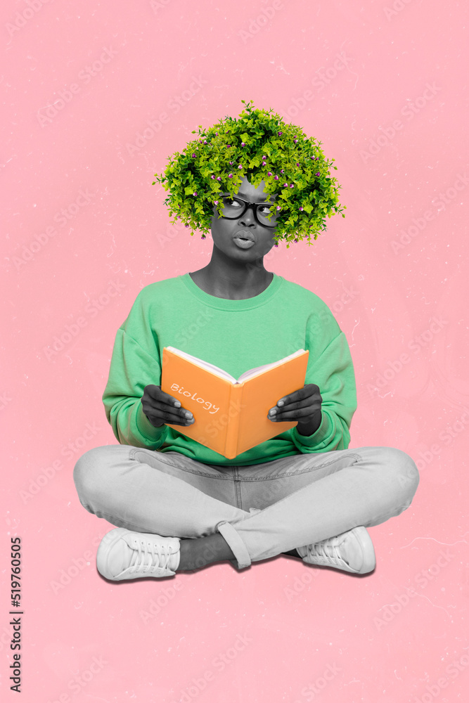 Poster Magazine collage of woman with leaves hairdo read novel forest world earth conservation isolated pink color background