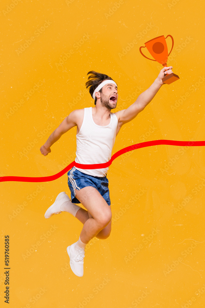 Wall mural Vertical collage picture of delighted successful guy arm hold champion cup isolated on yellow creative background