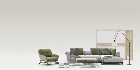 Banner with modern furniture and copy space for your advertisement text or logo. Furniture store, interior details. Furnishings sale or interior project concept. Template with free space. 3d rendering