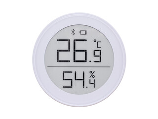 Round shape temperature and humidity meter, e-paper display on white background isolated.