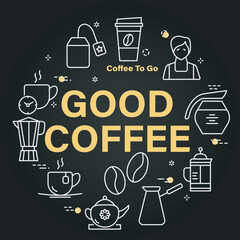 Good coffee circle vector banner. Isolated linear chalk icons in round frame on black