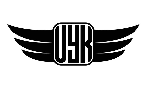 UYK three Letter wing minimalist creative concept icon eagle symbol professional black and white logo design, Vector template