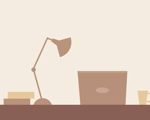 There are laptop, lamp, books and coffee mug on the table. Cartoon vector style for your design.
