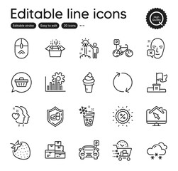 Set of Business outline icons. Contains icons as Discount, Creative idea and Seo graph elements. Packing boxes, Swipe up, Medical tablet web signs. Parking, Strawberry, Shopping cart elements. Vector