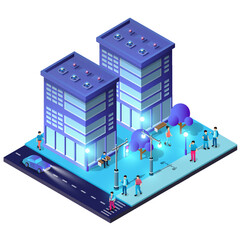 Night isometric smart blue ultraviolet block quarter city at night with lights 3D illustration.