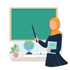 Muslim teacher near blackboard. Back to school illustration
