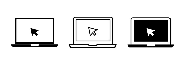 Set of laptop vector icons on differents style with pointer or cursor icon. Notebook screen. Monitor icon for graphic design projects. Computer monitor with blank screen. Display with clicking mouse