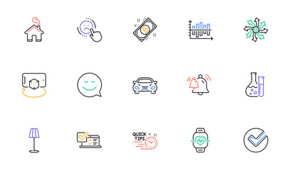 Fototapeta premium Bell, Versatile and Chemistry lab line icons for website, printing. Collection of Bitcoin, Quick tips, Smile icons. Home, Online survey, Car web elements. Dislike, Diagram chart, Verify. Vector