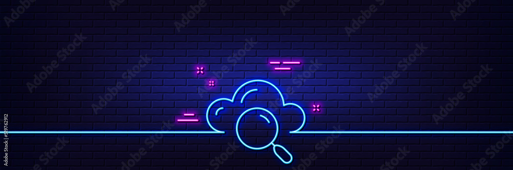 Poster neon light glow effect. cloud computing search line icon. internet data storage sign. file hosting t