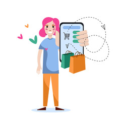 Flat style illustration with a young smiling woman who holds a mobile phone. A young smiling woman does online shopping. 