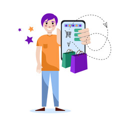 Flat style illustration with a young smiling man who holds a mobile phone. A young smiling man does online shopping. 