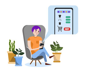 Flat style illustration with a young man sitting in the armchair and shopping online. Young man shopping online in cozy atmosphere.
