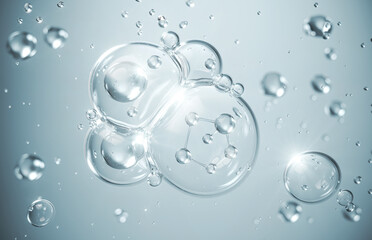 cosmetic moisturizer water molecule, Cosmetic Essence, Liquid bubble, Molecule inside Liquid Bubble on water background, 3d rendering