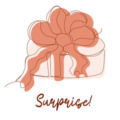 Surprise. Cute gift box with bow on white background. Hand drawn design elements. One continuous line art vector illustration