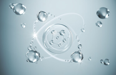cosmetic moisturizer water molecule, Cosmetic Essence, Liquid bubble, Molecule inside Liquid Bubble...