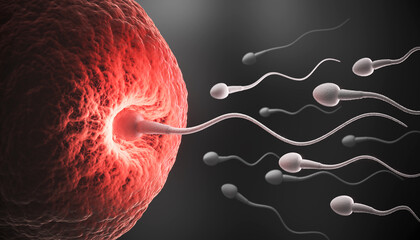 Sperm directed towards the egg bubble, Natural fertilization - obrazy, fototapety, plakaty