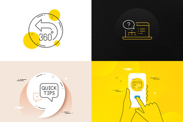 Minimal set of Quick tips, Online help and Seo marketing line icons. Phone screen, Quote banners. 360 degrees icons. For web development. Helpful tricks, Web support, Megaphone. Full rotation. Vector