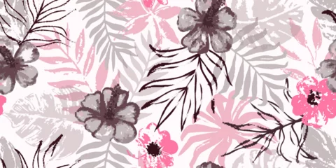 Foto auf Leinwand Modern seamless pattern with exotic leaves and flowers.Abstract background with tropical plants for textiles, covers, wallpapers, fabric, promotional material and more. Vector illustration. © Liliya