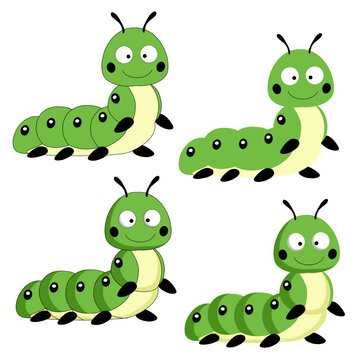 Vector green caterpillar stands with cartoon eyes smiling on a white background flat with shadows with a stroke