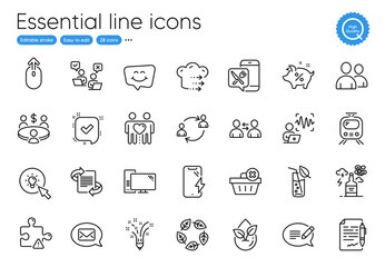 Marketing, Friends couple and Messenger line icons. Collection of Smile chat, Communication, User communication icons. Online voting, Meeting, Message web elements. Organic tested. Vector