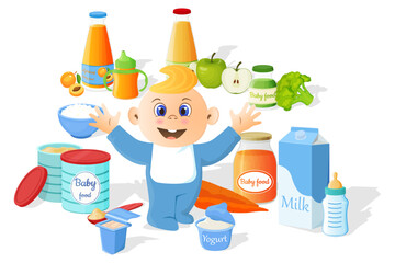 Baby and baby food. Powdered milk mixture in a tin, milk, yogurt, apricot and applesauce, cottage cheese and apple juice.Vector illustration.