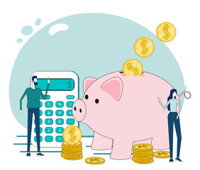 Bank calculator.People, piggy and calculator.The concept of banking.Vector illustration in green.