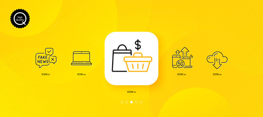 Fototapeta na wymiar 5g internet, Notebook and Cloud download minimal line icons. Yellow abstract background. Sale bags, Fake news icons. For web, application, printing. Vector