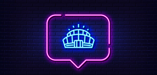 Neon light speech bubble. Arena stadium line icon. Competition building sign. Sport complex symbol. Neon light background. Arena stadium glow line. Brick wall banner. Vector