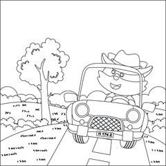 Cute little fox cartoon having fun driving off road car on sunny day. Cartoon isolated vector illustration, Creative vector Childish design for kids activity colouring book or page.