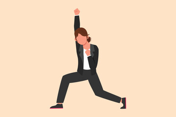 Business design drawing happy businesswoman standing with raise one hand and the other hand pose yes. Beauty office worker celebrate success of company project. Flat cartoon style vector illustration