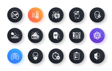 Minimal set of Cream, Stress and Skin moisture flat icons for web development. Coronavirus, Low thermometer, Health app icons. No smoking, Stress grows, Problem skin web elements. Vector