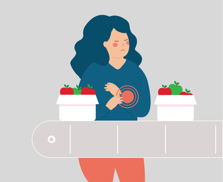 Woman Has Pain In Hand Due To Hard Work. Female Worker Packers Suffers From An Injury On Her Wrist At The Fruit Packing Factory. Concept Of Health And Safety Conditions In The Workplace. Vector Stock.