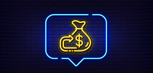 Neon light speech bubble. Money cashback line icon. Financial goal sign. Investment budget symbol. Neon light background. Cashback glow line. Brick wall banner. Vector