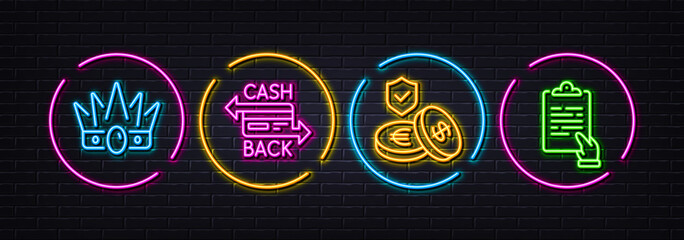 Savings insurance, Cashback card and Crown minimal line icons. Neon laser 3d lights. Clipboard icons. For web, application, printing. Money exchange, Money payment, Monarchy king. Vector